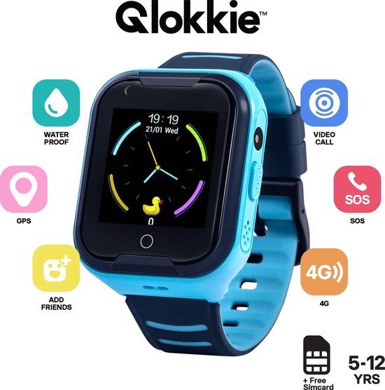 Qlokkie GPS Horloge kind - Smartwatch kinderen - GPS Tracker - 4G - SOS Functie - HD Video Call - Waterdicht - Inclusief simkaart - Kiddo 11 - Blauw